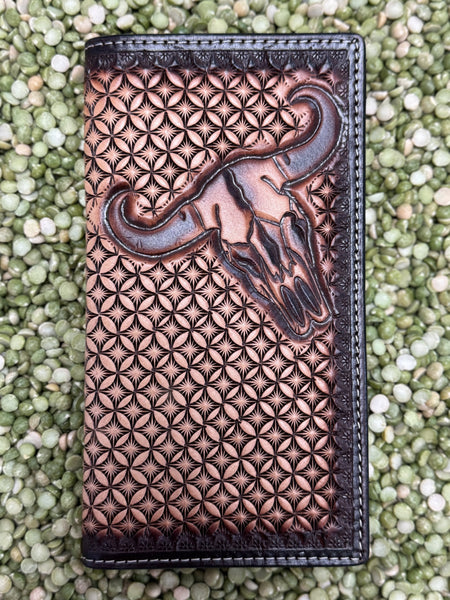 Men's Ariat Wallet Checkbook Wallet in brown, tooled leather exterior with steer skull embossing, with multiple card slots and ID window - D250015307. Available at Blair's Western Wear, Marble Falls, TX.