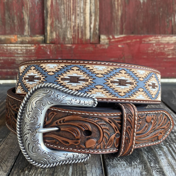 Lt. Blue & Tan Men's Western Aztec Dress Belt - N210008697