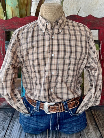 Men's Wrangler Long Sleeve Button Down in Tan, White, and Black Plaid with One Chest Pocket - 112352378T. Available at Blair's Western Wear, Marble Falls, TX.