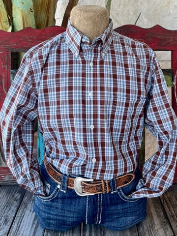 Men's Wrangler Long Sleeve Button Down in White, Brown, and Teal Check with Single Chest Pocket - 112352379B. Available at Blair's Western Wear, Marble Falls, TX.