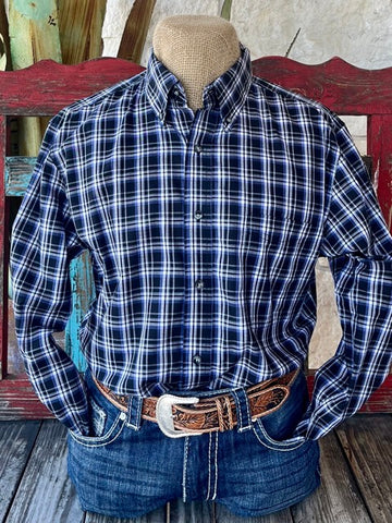 Men's Wrangler Long Sleeve Button Down in Black, Blue, and White Check with Single Chest Pocket - 112356525B. Available at Blair's Western Wear, Marble Falls, TX.