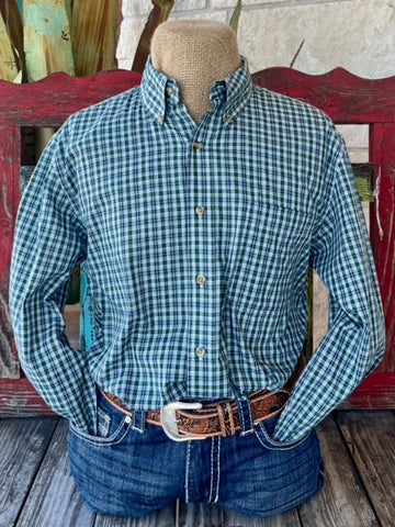Men's Wrangler Long Sleeve Button Down in Green, White, and Blue Checks with Single Chest Pocket - 112356525G. Available at Blair's Western Wear, Marble Falls, TX.