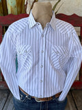 Men's White Navy Pinstripe Pearl Snap Long Sleeve Shirt