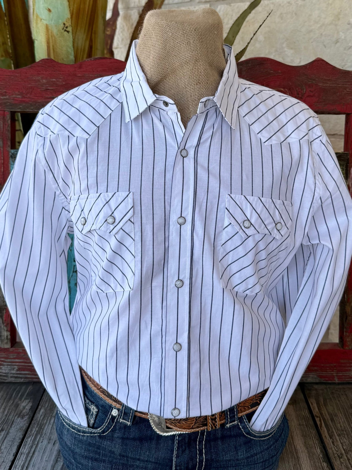 Men's White Navy Pinstripe Pearl Snap Long Sleeve Shirt