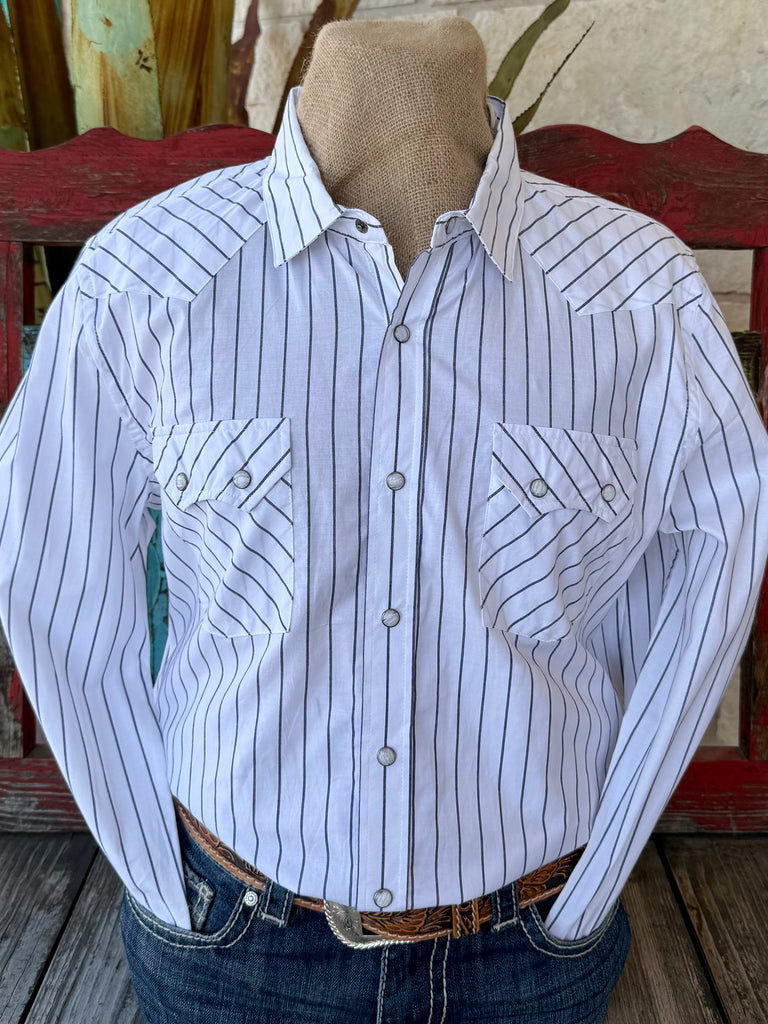 Men's White Navy Pinstripe Pearl Snap Long Sleeve Shirt