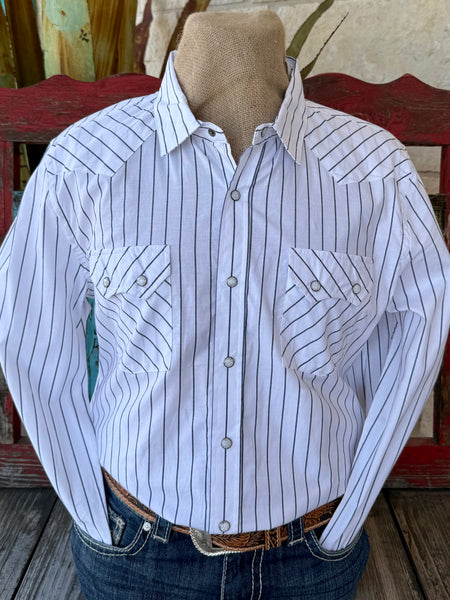 Men's White Navy Pinstripe Pearl Snap Long Sleeve Shirt