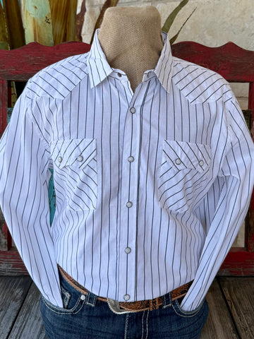 Men's White Navy Pinstripe Pearl Snap Long Sleeve Shirt