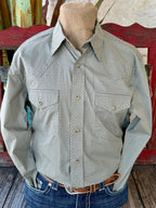 Men’s Wrangler 20X long sleeve western shirt in sage print, smooth lightweight fabric for breathable comfort, with snap-front closure and dual snap chest pockets – 112374297. Available at Blair's Western Wear, Marble Falls, TX.