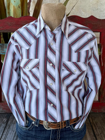 Men’s Wrangler 20X Western snap shirt in white, red, and black stripe, breathable lightweight fabric for all-day comfort, with snap-front closure and dual snap chest pockets - 112369494. Available at Blair's Western Wear, Marble Falls, TX.