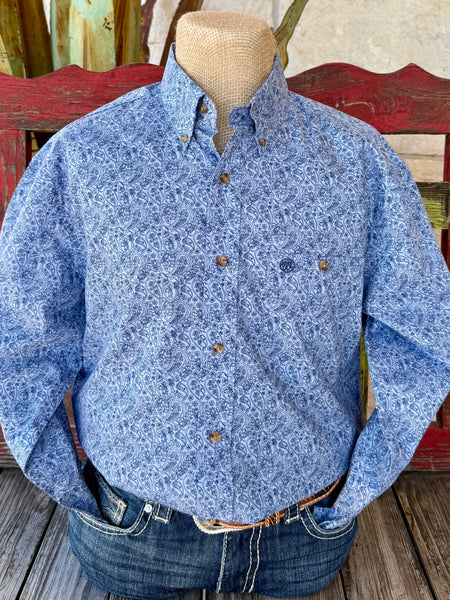 Men’s Wrangler western shirt in blue paisley print, made from a soft cotton-poly blend with button-down collar and adjustable cuffs – 112369441. Available at Blair’s Western Wear, Marble Falls, TX.