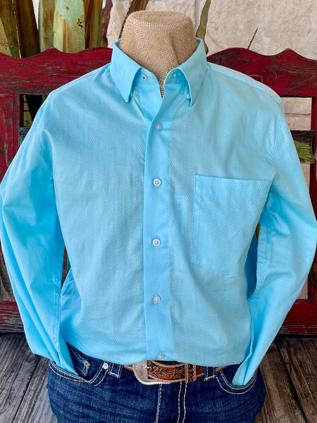 Men’s Wrangler Shirt Button-Down Shirt in Light Blue, crafted from a breathable cotton blend, with a classic herringbone texture and a single chest pocket - 112365523. Available at Blair's Western Wear, Marble Falls, TX.