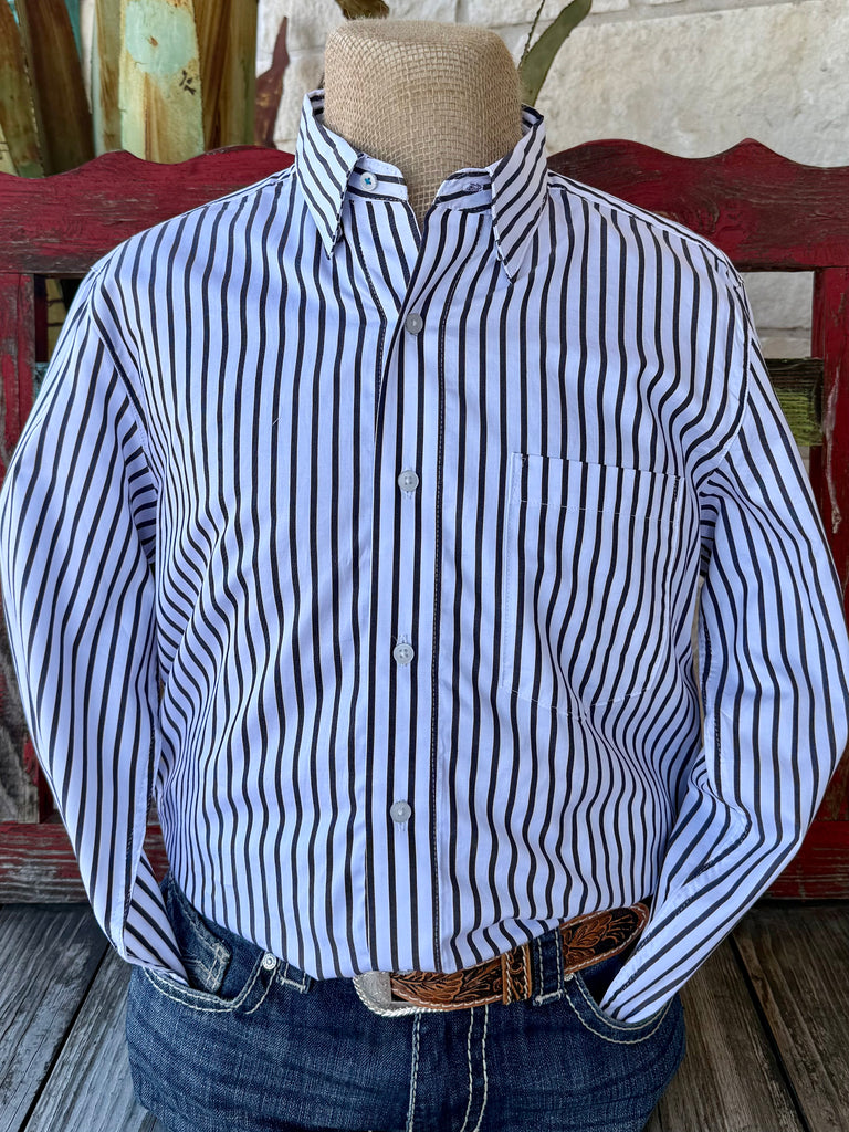 Men’s Wrangler button-down western shirt in white and navy stripe, made from 100% cotton for breathable comfort, with a hidden button-down collar for a neat look – 112369558. Available at Blair’s Western Wear, Marble Falls, TX.