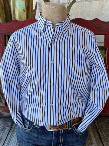 Men’s Wrangler button-down western shirt in white and navy stripe, made from 100% cotton for breathable comfort, with a hidden button-down collar for a neat look – 112369558. Available at Blair’s Western Wear, Marble Falls, TX.