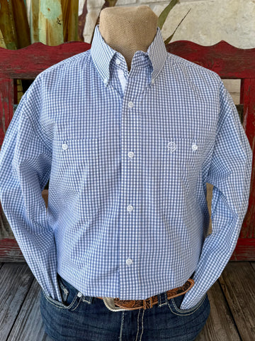 Men’s Wrangler long sleeve button-through plaid check shirt in blue and white, crafted from lightweight breathable cotton for all-day comfort, with a button-down collar and embroidered chest pocket - 112374605. Available at Blair's Western Wear, Marble Falls, TX.