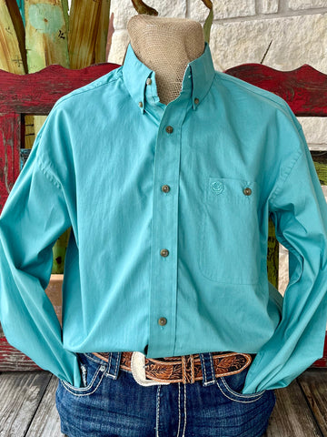 Men's Wrangler Long Sleeve Button Down Shirt in sage, featuring a classic Western design with dual flap chest pockets - 112359998. Available at Blair's Western Wear, Marble Falls, TX.