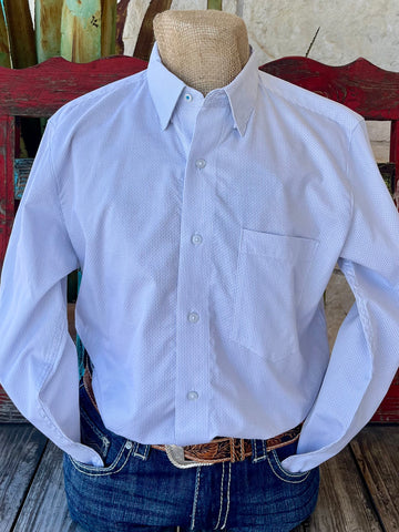 Men's Wrangler Cody Johnson One Pocket Button Down Shirt in ceramic print, featuring a classic fit with a hidden button-down collar and mitered cuffs – 112365616. Available at Blair's Western Wear, Marble Falls, TX.
