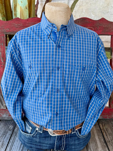 Men’s Wrangler George Strait check western shirt in blue and tan, made from breathable cotton for all-day comfort, with button-through chest pockets and adjustable cuffs – 112369600. Available at Blair’s Western Wear, Marble Falls, TX.