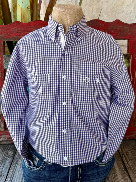 Men’s Wrangler George Strait Collection long sleeve button-down check shirt in white and purple, made from a soft cotton blend for comfort, with dual chest pockets and logo embroidery - 112365405. Available at Blair's Western Wear, Marble Falls, TX.