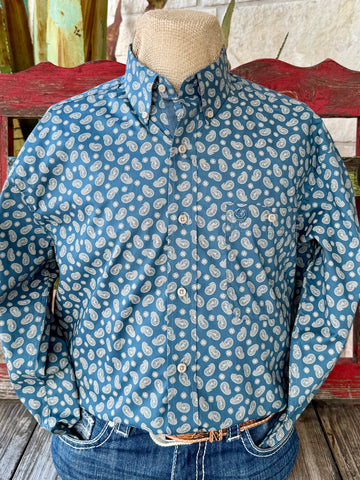 Men’s Wrangler George Strait Collection long sleeve button-down paisley shirt in sage/tan, crafted from breathable cotton for all-day comfort, with button-down collar and chest pocket with embroidered logo - 112368236. Available at Blair's Western Wear, Marble Falls, TX.