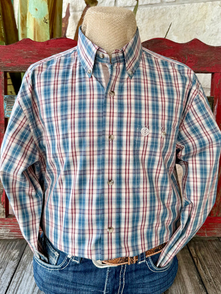 Men’s Wrangler George Strait Collection long sleeve button-down plaid shirt in warm tan and dusty blue, crafted from breathable cotton for all-day comfort, with a button-down collar for a polished western look - 112368226. Available at Blair's Western Wear, Marble Falls, TX.