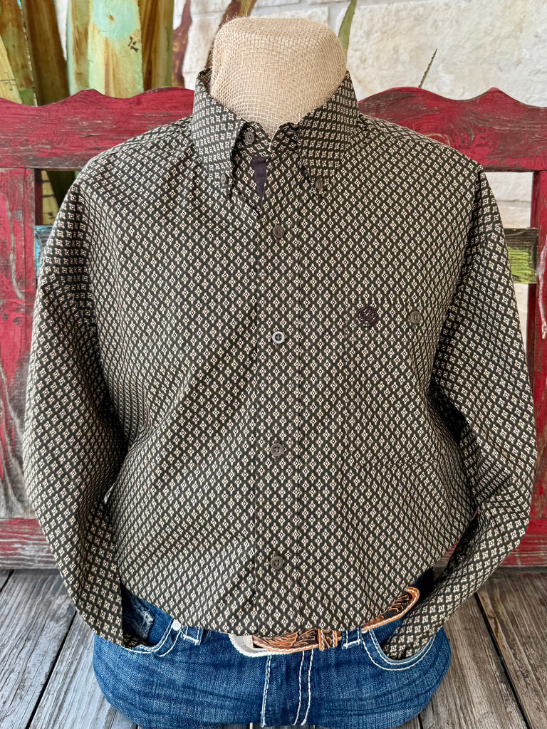 Men’s Wrangler George Strait Collection long sleeve button-down print shirt in brown and tan, made from breathable cotton for comfort, with a chest pocket and embroidered logo - 112368229. Available at Blair's Western Wear, Marble Falls, TX.