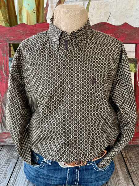 Men’s Wrangler George Strait Collection long sleeve button-down print shirt in brown and tan, made from breathable cotton for comfort, with a chest pocket and embroidered logo - 112368229. Available at Blair's Western Wear, Marble Falls, TX.