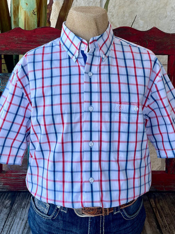 Men's Wrangler Plaid Button-Down Shirt in White/Blue/Red, made from breathable cotton for lightweight comfort, with a button-down collar that keeps the look crisp - 112365408. Available at Blair's Western Wear, Marble Falls, TX.