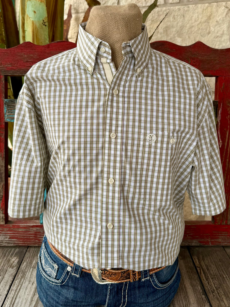 Men's Wrangler George Strait Collection short sleeve button-down shirt in white and olive plaid, lightweight breathable fabric, with button-down collar and chest pocket logo - 112374542. Available at Blair's Western Wear, Marble Falls, TX.