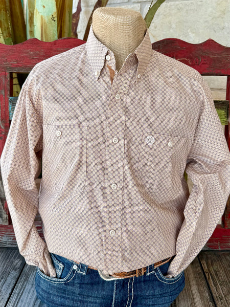 Men’s Wrangler George Strait long sleeve button down print shirt in tan and purple, made from soft cotton with stretch for comfort, featuring two chest pockets and a button-down collar – 112369564. Available at Blair’s Western Wear, Marble Falls, TX.