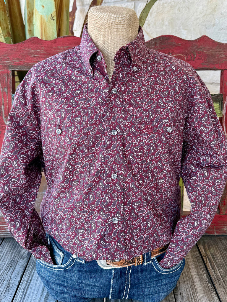 Men’s Wrangler George Strait Collection long sleeve button-down shirt in wine and gray paisley, featuring soft cotton blend comfort, with double chest pockets and button-down collar – 112369636. Available at Blair’s Western Wear, Marble Falls, TX.