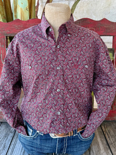 Men’s Wrangler George Strait Collection long sleeve button-down shirt in wine and gray paisley, featuring soft cotton blend comfort, with double chest pockets and button-down collar – 112369636. Available at Blair’s Western Wear, Marble Falls, TX.