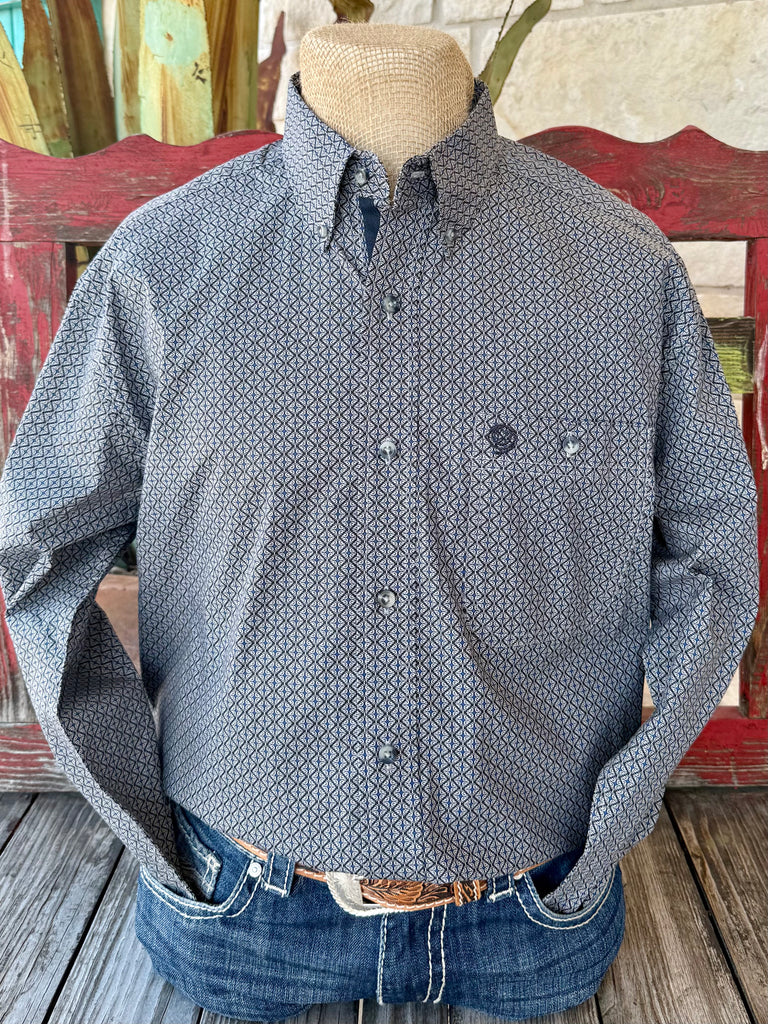 Men’s Wrangler George Strait long-sleeve print shirt in black and navy geometric pattern, featuring a button-down collar and single chest pocket – 112369598. Available at Blair’s Western Wear, Marble Falls, TX.