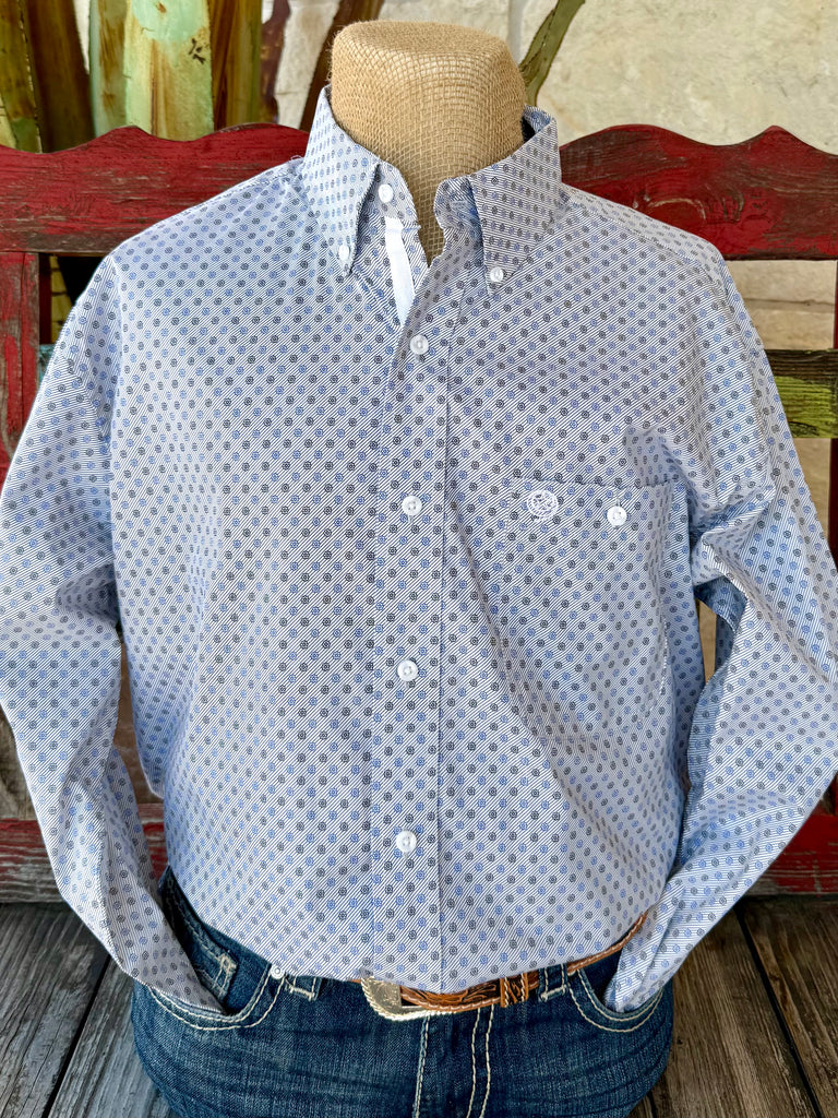 Men’s Wrangler George Strait long sleeve button-down print shirt in white, blue, and black, made from a soft cotton blend for comfort, with a button-down collar and one chest pocket featuring logo embroidery – 112369599. Available at Blair’s Western Wear, Marble Falls, TX.