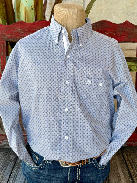 Men’s Wrangler George Strait long sleeve button-down print shirt in white, blue, and black, made from a soft cotton blend for comfort, with a button-down collar and one chest pocket featuring logo embroidery – 112369599. Available at Blair’s Western Wear, Marble Falls, TX.