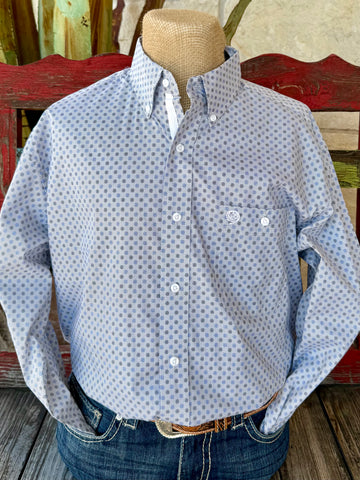 Men’s Wrangler George Strait long sleeve button-down print shirt in white, blue, and black, made from a soft cotton blend for comfort, with a button-down collar and one chest pocket featuring logo embroidery – 112369599. Available at Blair’s Western Wear, Marble Falls, TX.