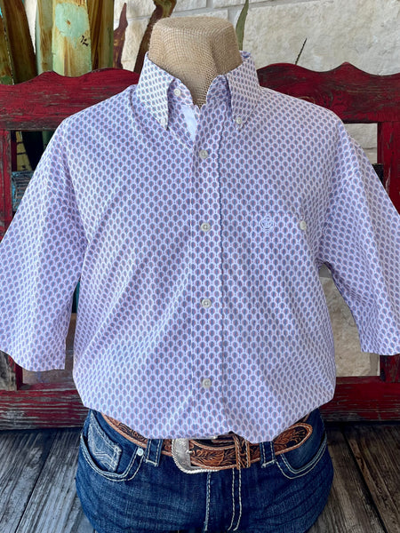 Men’s Wrangler George Strait Shirt Short Sleeve Button-Down in White/Blue/Rust, lightweight cotton blend for breathable comfort, with tailored fit and embroidered chest logo - 112365409. Available at Blair's Western Wear, Marble Falls, TX.