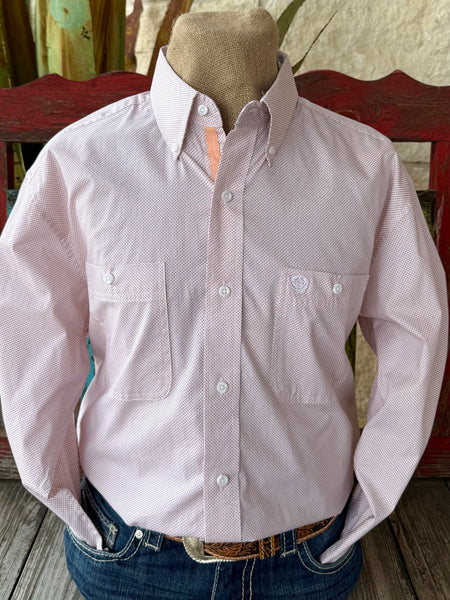 Men's Wrangler Western button-down shirt in peach, lightweight breathable micro print fabric, with dual chest pockets for functional storage - 112374612. Available at Blair's Western Wear, Marble Falls, TX.