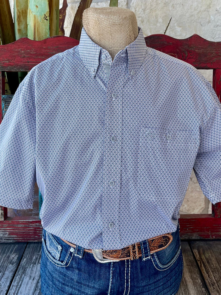 Men's Wrangler George Strait Western Shirt in gray cross print, featuring short sleeves and two chest pockets - 112365410. Available at Blair's Western Wear, Marble Falls, TX.