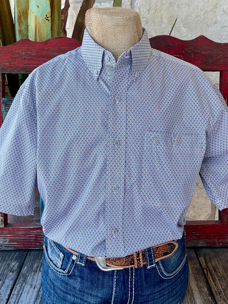 Men's Wrangler George Strait Western Shirt in gray cross print, featuring short sleeves and two chest pockets - 112365410. Available at Blair's Western Wear, Marble Falls, TX.