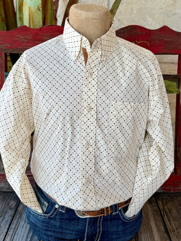 Men’s Wrangler George Strait Western Shirt in natural and brown print, built from breathable cotton with slight stretch, featuring button-down collar and embroidered chest pocket – 112369563. Available at Blair’s Western Wear, Marble Falls, TX.