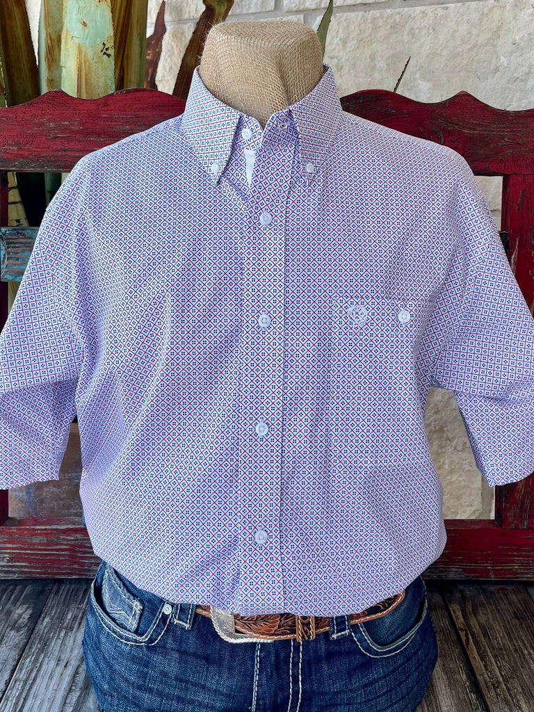 Men’s Wrangler Western Shirt Short Sleeve Button-Down in White/Orange/Blue, tailored from breathable cotton blend for all-day comfort, with dual chest pockets for function and style - 112365406. Available at Blair's Western Wear, Marble Falls, TX.