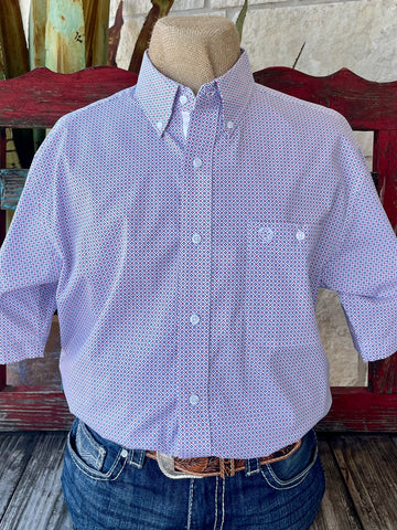 Men’s Wrangler Western Shirt Short Sleeve Button-Down in White/Orange/Blue, tailored from breathable cotton blend for all-day comfort, with dual chest pockets for function and style - 112365406. Available at Blair's Western Wear, Marble Falls, TX.