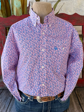 Men’s Wrangler long sleeve button-down shirt in blue and brick paisley, breathable cotton-blend fabric for all-day comfort, with button-down collar that maintains a clean, polished look – 112374600. Available at Blair's Western Wear, Marble Falls, TX.