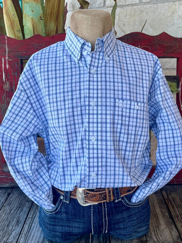 Men's Wrangler Long Sleeve Shirt in blue plaid, crafted from a comfortable cotton blend with a single chest pocket - 112356592. Available at Blair's Western Wear, Marble Falls, TX.