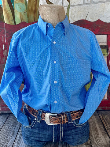 Men's Wrangler Long Sleeve Shirt in blue polka dot, crafted from 100% cotton with durable button closures - 112359680. Available at Blair's Western Wear, Marble Falls, TX.
