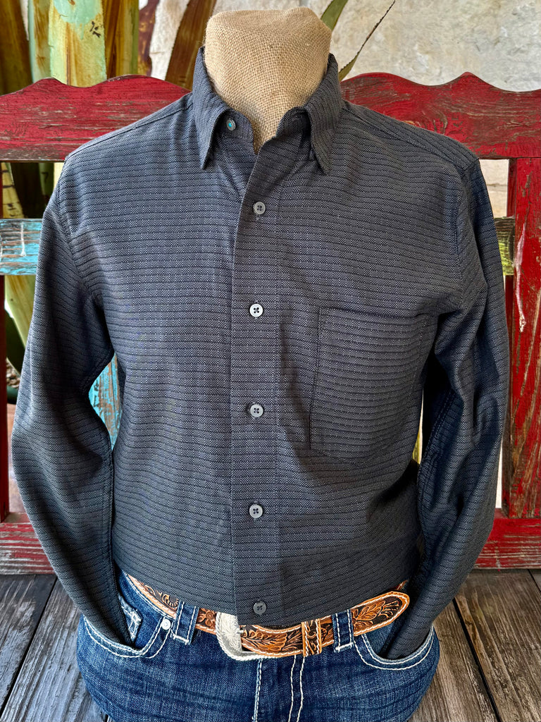 Men’s Wrangler long sleeve button-down shirt in black, lightweight woven fabric for breathable all-day comfort, with subtle square geometric print for a refined look - 112369540. Available at Blair's Western Wear, Marble Falls, TX.