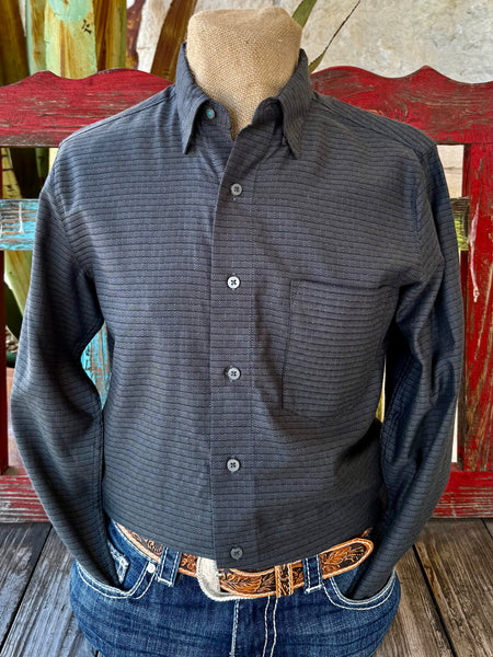 Men’s Wrangler long sleeve button-down shirt in black, lightweight woven fabric for breathable all-day comfort, with subtle square geometric print for a refined look - 112369540. Available at Blair's Western Wear, Marble Falls, TX.