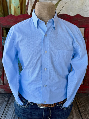 Men’s Wrangler long sleeve button-down stripe shirt in light blue, breathable lightweight cotton fabric for all-day comfort, with classic button-down collar and single open chest pocket - 112369518. Available at Blair's Western Wear, Marble Falls, TX.