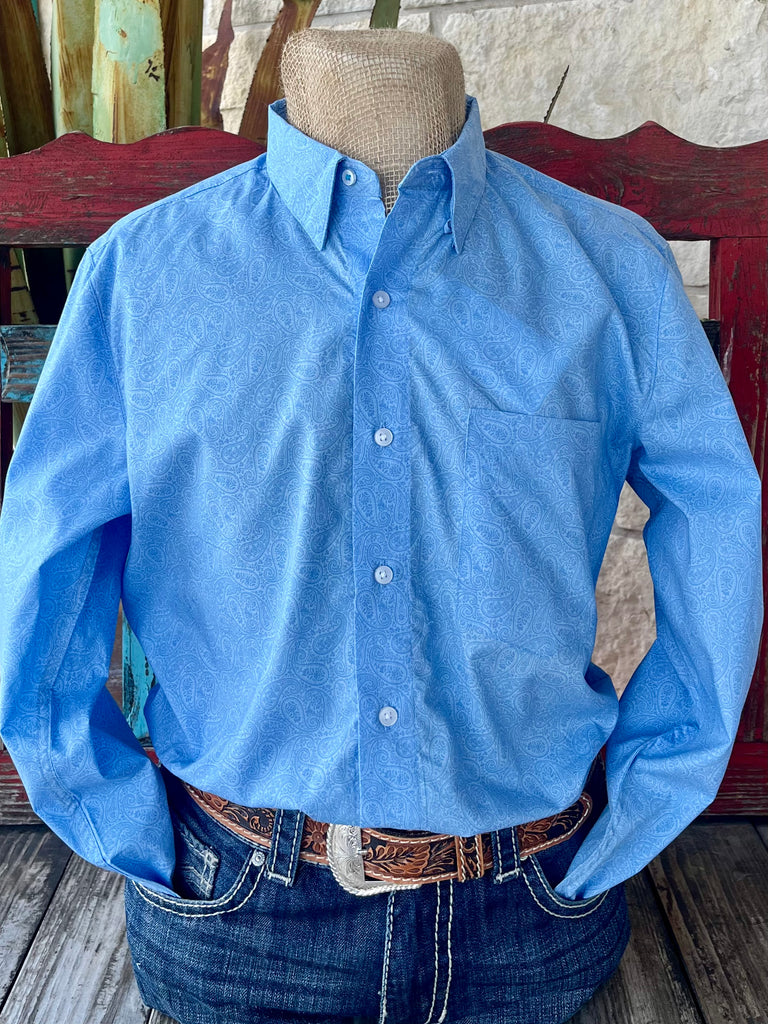 Men's Wrangler Long Sleeve Button-Down Paisley Shirt in light blue, featuring a classic paisley print with durable cotton fabric – 112365620. Available at Blair's Western Wear, Marble Falls, TX.