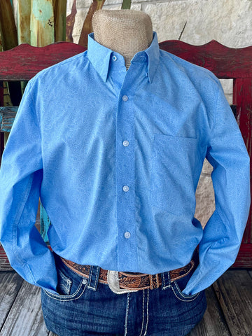 Men's Wrangler Long Sleeve Button-Down Paisley Shirt in light blue, featuring a classic paisley print with durable cotton fabric – 112365620. Available at Blair's Western Wear, Marble Falls, TX.